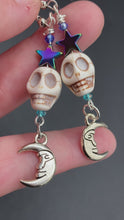 Load and play video in Gallery viewer, Smiling Crescent Moon Misfit Skull Earrings, Dark Witchy Jewelry, Pastel Goth, Dia De Los Muertos Aretes, Day of the Dead, Galaxy Cosmos Sky
