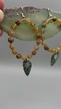 Load and play video in Gallery viewer, Genuine QingHai Green Jasper Stone Beaded Hoop Earrings, Hippie Vibe, Shabby Chic, Boho Chic, Nature Inspired, Bohemian
