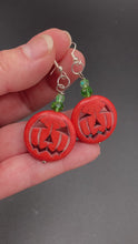 Load and play video in Gallery viewer, Jack-O- Lantern Large Pumpkin Bead Fish Hook Style Earrings, Spooky All Hallows Eve Costume Pumpkin Jewelry, Halloween Pumpkin Earrings
