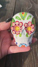 Load and play video in Gallery viewer, Mini Southwest Inspired Ceramic Sugar Skull Art, Dia de Los Muertos Calavera de Ofrenda, Ceramic Day of the Dead Sugar Skull, Hand Painted Art
