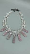 Load and play video in Gallery viewer, Genuine Natural Stone Rose Quartz And Iridescent Glass Beaded Princess Style Necklace, Hippie Nature Lovers Necklace
