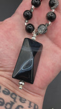 Load and play video in Gallery viewer, Large Black White Rectangular Pyramid Shaped Agate Natural Stone Pendant Glass Beaded Adjustable Necklace, Cocktail Attire, Shabby Chic
