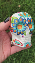 Load and play video in Gallery viewer, Mini Peacock Feathers Inspired Ceramic Day of the Dead Sugar Skull, Dia de Los Muertos Calavera de Ofrenda, Hand Painted Mini Ceramic Skull Art
