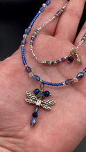 Load and play video in Gallery viewer, Blue Dragonfly Smiling Crescent Moon Charm Bead Adjustable Necklace, Whimsical Celestial Starry Night Choker Style Hippie Matching Earrings
