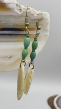 Load and play video in Gallery viewer, Bone Carved Leaf Charm Earrings, Bright Green Magnesite Stone Beaded Earrings
