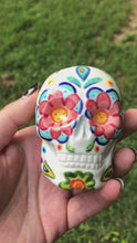 Load and play video in Gallery viewer, Mini Dia De Los Muertos Hand Painted Ceramic Sugar Skull, Mini Day Of The Dead Calavera, Witchy Altar Skull, Goth Art, Nature Inspired Skull Art, Calaca De Ofrenda
