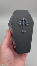 Load and play video in Gallery viewer, Black Wood Coffin Ring Box And Spooky But Cute Misfit VooDoo Doll
