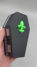 Load and play video in Gallery viewer, Lime Green BeetleJuice Inspired Wood Coffin Ring Box And Spooky But Cute Misfit VooDoo Doll
