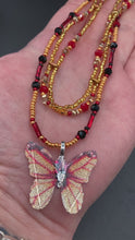 Load and play video in Gallery viewer, Butterfly Sterling Silver Red And Gold Beaded Necklace, Whimsical Fairy Butterfly And Leaf Necklace, Hippie Nature Lovers Butterfly Necklace
