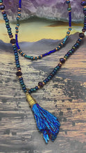 Load and play video in Gallery viewer, Celestial Vibe Kyanite Stone Hand Beaded Choker Style Necklace, Galaxy Theme Necklace, Hippie Stone Crystal Necklace, Shabby Chic Jewelry
