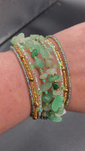 Load and play video in Gallery viewer, Green Aventurine Chip Beaded Bracelet, Bohemian, Hippie Natural Genuine Stone, Boho Chic, Shabby Chic, Gold And Green Beaded Strand Bracelet
