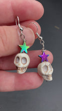 Load and play video in Gallery viewer, Misfit Skull Galaxy Cosmos Rainbow Hematite Star Earrings, Pastel Goth, Dia De Los Muertos Calavera Aretes, Day of the Dead, Dark Goth Witch
