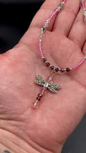 Load and play video in Gallery viewer, Pink And Purple Dragonfly Pendant Choker Style Necklace Glass Beaded Adjustable Necklace, Colorful Hippie Nature Lovers Matching Earrings
