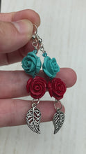 Load and play video in Gallery viewer, Southwest Inspired Turquoise Red Small Flowers Earrings, Dia De Los Muertos Aretes, Mexican Day of the Dead Jewelry, Hippie Style, Boho Chic
