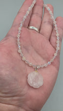 Load and play video in Gallery viewer, Genuine Natural Stone Rose Quartz Floral Pendant, Iridescent Glass Beaded Princess Style Necklace, Hippie Nature Lovers Necklace
