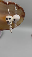 Load and play video in Gallery viewer, Peruvian Ceramic Skull Bead With Spine Earrings, Pastel Goth, Dia De Los Muertos Calavera, Day of the Dead Jewelry, La Catrina
