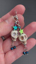 Load and play video in Gallery viewer, Galaxy Cosmos Howlite Skull Beaded Earrings, Galaxy Cosmos Rainbow Star, Witchy Celestial, Pastel Goth, Dia De Los Muertos Calavera, Day of the Dead
