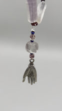 Load and play video in Gallery viewer, Natural Rainbow Fluorite, Amethyst, And Purple Glass Beaded Necklace With Lucky Hand Charm, Nature Inspired, Glow In The Dark Jewelry,
