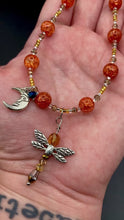 Load and play video in Gallery viewer, Orange Dragonfly Pendant Crescent Moon Charm Necklace With Matching Earrings, Princess Fairy Jewelry, Summer Hippie Nature Lovers, Witchy
