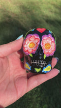 Load and play video in Gallery viewer, Mini Day of the Dead Black Ceramic Sugar Skull, La Muerte Calavera de Ofrenda, Dia De Los Muertos Calavera, Nature Inspired Hand Painted Skull Art
