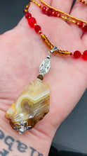 Load and play video in Gallery viewer, Vibrant Yellow Agate Natural Stone Red Gold Beaded Choker Style Necklace, Shabby Chic Jewelry, Hippie Nature Inspired, Bold Phoenix Style
