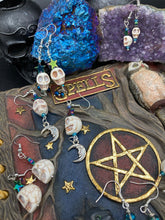 Load image into Gallery viewer, Galaxy Cosmos Howlite Skull Beaded Earrings, Galaxy Cosmos Rainbow Star, Witchy Celestial, Pastel Goth, Dia De Los Muertos Calavera, Day of the Dead
