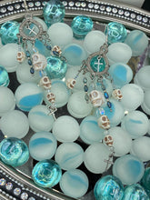 Load image into Gallery viewer, Day of The Dead, La Catrina Dia De Los Muertos Aretes, Pastel Goth Jewelry, Dangling Skulls Silver Cross Beaded Chandelier Style Earrings
