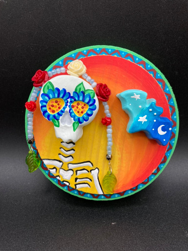 Day of the Dead Wall Art Decor, Frida Khalo Inspired Floral Skull Clay Art Home Decor