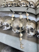 Load image into Gallery viewer, Cascade of Skull Beads Choker Necklace Smiling Crescent Moon Charms, Pastel Goth, Dark Witchy Crescent Moonbeams Jewelry, Day Of The Dead Calavera
