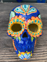 Load image into Gallery viewer, I wanted to create a Dia De Los Muertos skull that represented the eternal love for a special kitty cat in your life. Black cat silhouette is sitting admiring the sun going down. This Day Of The Dead ceramic skull art was created for the cat lovers who adore their sweet kitty. Measurements: H 4” x W 4” x D 5 1/2”

