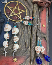 Load image into Gallery viewer, Mini Howlite Skulls Rainbow Hematite Star Earrings, Tiny Pastel Goth Stardust Jewelry, Dia De Los Muertos Arete, Day of the Dead
