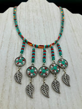 Load image into Gallery viewer, Southwest Inspired Colors Dangling Silver Feathers Glass Beads Adjustable Necklace, Vibrant Native Tribal Pattern Inspired Choker Style
