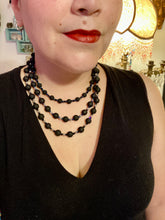 Load image into Gallery viewer, Cocktail Chic Black And Dark Blue Glass And Floral Metal Beaded Necklace, Bohemian Style Jewelry, Draped Necklace, Shabby Chic
