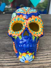 Load image into Gallery viewer, I wanted to create a Dia De Los Muertos skull that represented the eternal love for a special kitty cat in your life. Black cat silhouette is sitting admiring the sun going down. This Day Of The Dead ceramic skull art was created for the cat lovers who adore their sweet kitty. Measurements: H 4” x W 4” x D 5 1/2”
