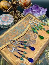 Load image into Gallery viewer, Whimsical Fairy Chandelier Style Beaded Earrings, Hippie, Blue Purple Galaxy Cosmos Inspired, Shabby Boho Chic, Celestial, Astrology
