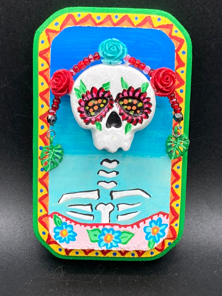Day of the Dead Wall Art Decor, Frida Khalo Inspired Floral Skull Clay Art Home Decor