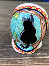 Load image into Gallery viewer, Cat Lovers Kitty and Skull Art, Hand Painted Ceramic Sugar Skull, Dia De Los Muertos Calavera, Mini Day of the Dead Cat Ceramic Skull
