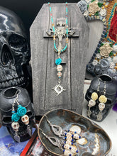 Load image into Gallery viewer, Frida Kahlo Inspired Earring, Howlite Skull Beads Turquoise Flowers, Pastel Goth, Dia De Los Muertos Calavera Aretes, Day of the Dead, La Catrina
