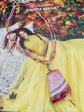 Load image into Gallery viewer, This large agate pendant features a variety of pink hues, from light to dark, and is accompanied by two strands of glass beaded necklaces with pink, silver, gold, and clear beads. The combination of colors creates a stunning and vibrant look, perfect for accessorizing any summer look.  Measurements:  Necklace is 15” adjustable up to 18&quot; in length 
