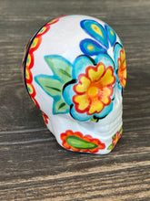 Load image into Gallery viewer, Cat Lovers Kitty and Skull Art, Hand Painted Ceramic Sugar Skull, Dia De Los Muertos Calavera, Mini Day of the Dead Cat Ceramic Skull
