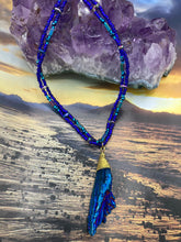 Load image into Gallery viewer, This bold Deep Royal Blue Kyanite Stone Wired Choker Style necklace features two strands of multi-colored glass beads. Perfect for nature-inspired, witch-celestial, Boho Shabby Chic and self-love styles, this accessory is the perfect addition to your wardrobe. Dress it up or down; this dynamic piece of jewelry is a must-have.  Measurements:    Necklace is 15” in length, adjustable to 18&quot;

