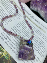 Load image into Gallery viewer, Wired Amethyst Natural Stone Pendant With Rainbow Hematite Star, Hand Beaded Galaxy Chocker Style Necklace, Celestial And Stars Jewelry
