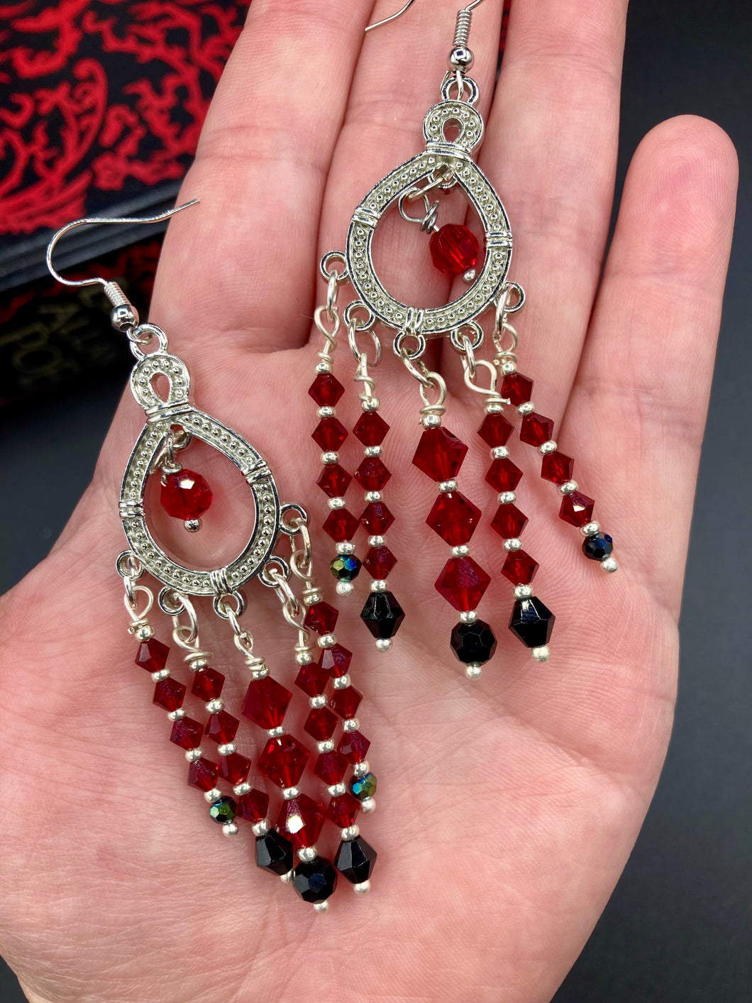Black And Dark Red Chandelier Style Beaded Earrings, Vampire Dark Goth, Shabby Boho Chic