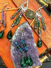 Load image into Gallery viewer, Whimsical Blue Green Peacock Inspired Beaded Earrings, Hippie Vibe, Shabby Boho Chic, Nature Inspired, Bohemian
