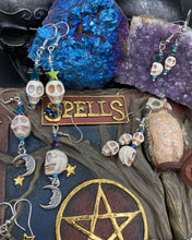 Load image into Gallery viewer, Mini Dangling Howlite Skulls Rainbow Hematite Heart Earrings, Tiny Pastel Goth Stardust Jewelry, Dia De Los Muertos Calavera Arete, Day of the Dead

