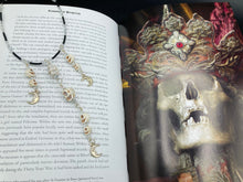 Load image into Gallery viewer, Cascade of Skull Beads Choker Necklace Smiling Crescent Moon Charms, Pastel Goth, Dark Witchy Crescent Moonbeams Jewelry, Day Of The Dead Calavera
