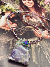 Load image into Gallery viewer, Wired Amethyst Natural Stone Pendant With Rainbow Hematite Star, Hand Beaded Galaxy Chocker Style Necklace, Celestial And Stars Jewelry
