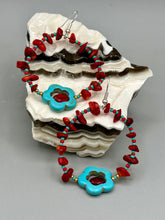 Load image into Gallery viewer, These Bamboo coral red stone chip earrings feature a subtle hoop design adorned with tiny turquoise, red, and gold glass beads. Completing the look is a turquoise flower pendant with a dark red glass bead in the center. Measurements: 2&quot; length 
