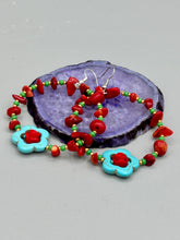 Load image into Gallery viewer, These bamboo coral red stone chip earrings feature tiny turquoise, green, and gold glass beading. Accenting the vibrant design is a turquoise flower pendant with quartzite rose beads for added detail. Measurements: 2 1/4&quot; length 

