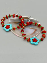 Load image into Gallery viewer, These bamboo coral red stone chip earrings feature tiny turquoise, green, and gold glass beading. Accenting the vibrant design is a turquoise flower pendant with quartzite rose beads for added detail. Measurements: 2 1/4&quot; length 
